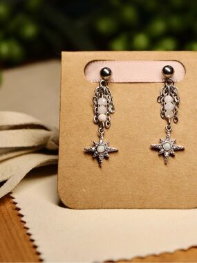 Silver Star Drop Earrings with White Opal accent and moonstone, Non Tarnish